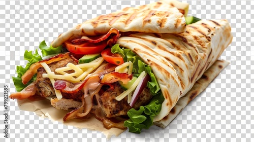 Mexican chicken wrap sandwich burrito cutout isolated on transparent (PNG) Background
