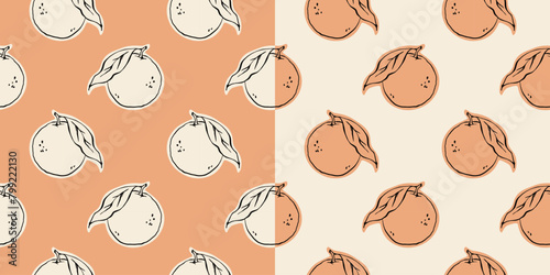 Oranges fruit vector seamless pattern. Hand drawn ink line style background design for wallpapers and kitchen textile.