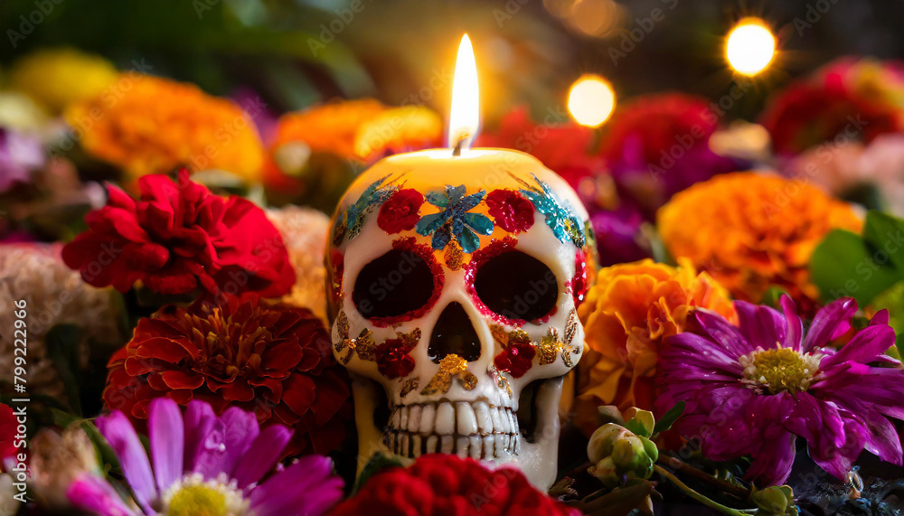 Burning candle in shape of skull and flowers. Cinco de mayo, national Mexican holiday. Burning candle in shape of skull and flowers. Cinco de mayo, national Mexican holiday.