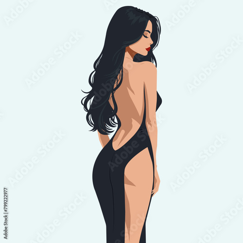 Vector flat fashion illustration of a young sexy girl in a stylish backless dress with a slit on the leg. Back view.
