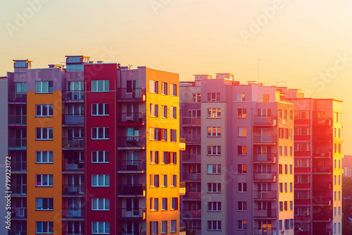Dynamic colors of a European complex stand out in the late afternoon light, offering a picturesque scene against the backdrop of a clear sky.