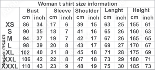 Female t shirt sizes information. vector photo