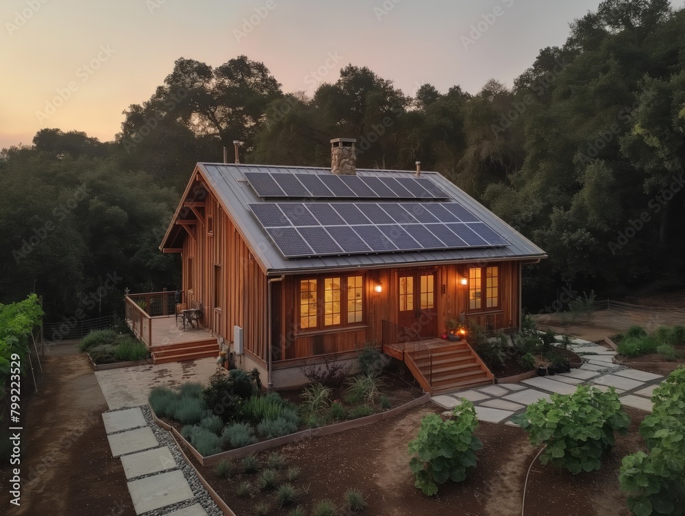 A small house with a porch and a garden. The house is surrounded by trees and has solar panels on the roof