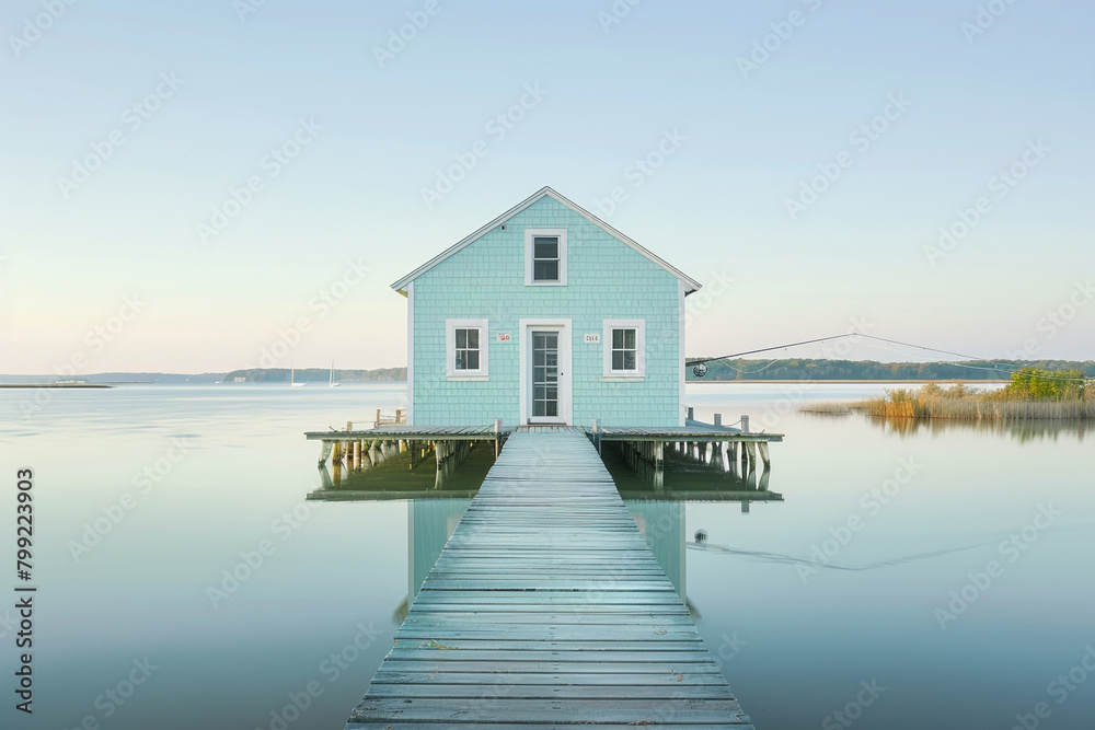 Cape Cod style vacation home in pale aqua, with a long wooden pier stretching out into a serene lake, perfect for fishing at sunrise.