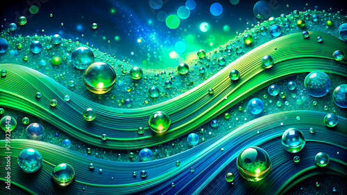 Abstract background with green waves and water droplets