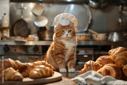 The cat chef prepares croissants in the bakery. Cute red cat in a chef's hat