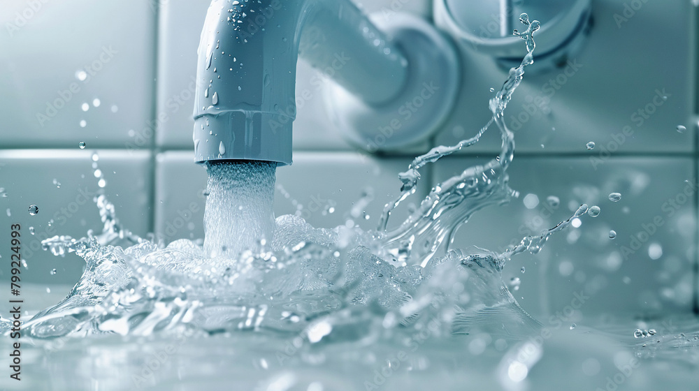Focus on a leaking pipe under the bathroom sink vivid splash of water high key lighting Focus on a leaking pipe under the bathroom sink vivid splash of water high key lighting