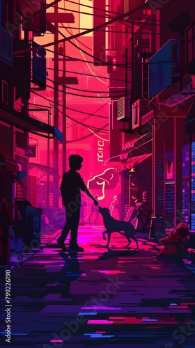 Colorful evening walk in a vibrant city alley with a man and his dog, neon illustration