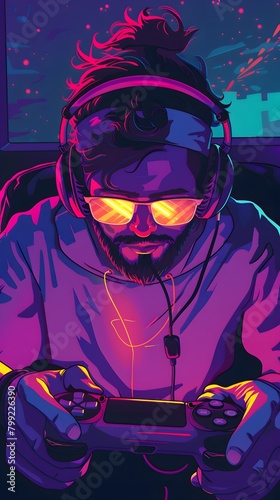 Vibrant neon illustration of a young man engrossed in playing video games
