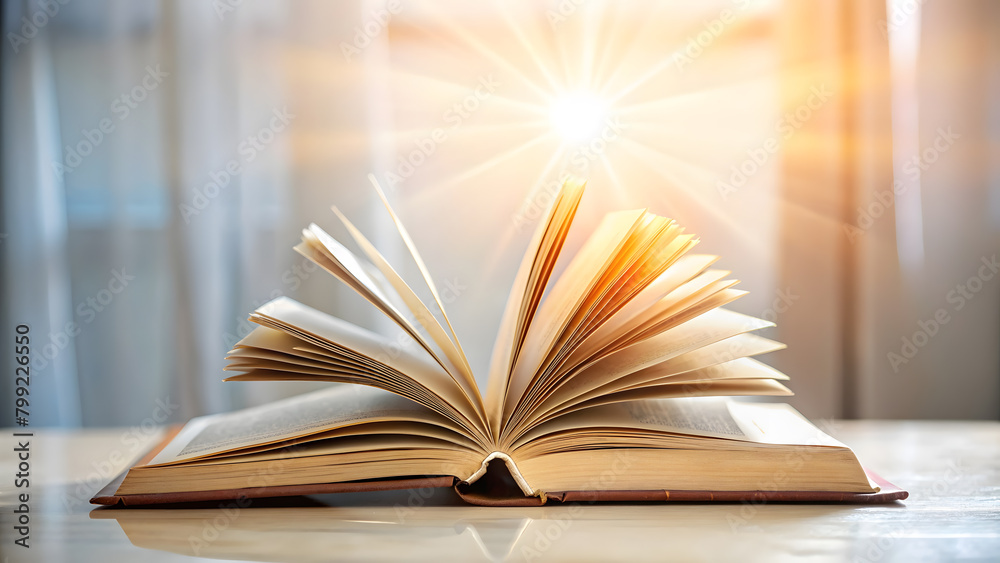 Open book on wood planks over abstract light background Open book on wood planks over abstract light background