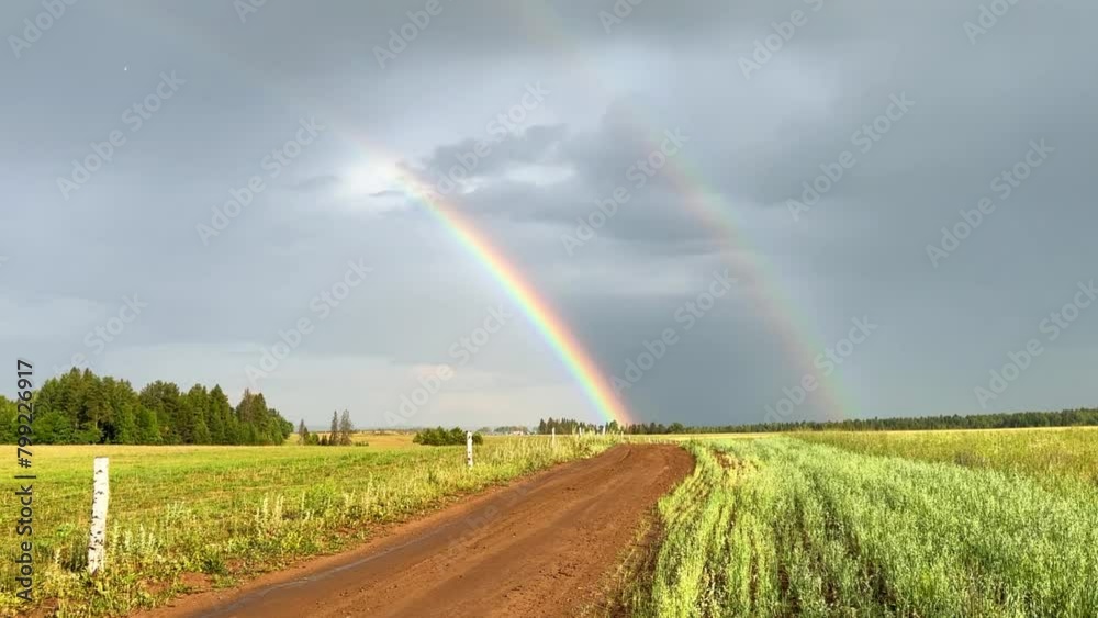 A double rainbow on a rainy spring day. A multicolored rainbow over a floral green field in the Perm Region. A rainbow against a cloudy sky. A double rainbow on a rainy spring day. A multicolored rainbow over a floral green field in the Perm Region. A rainbow against a cloudy sky.
