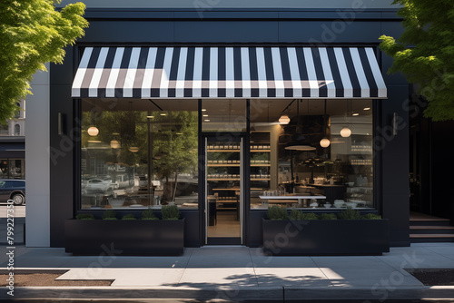 inviting coffee shop under a black and white striped awning. Glass facade