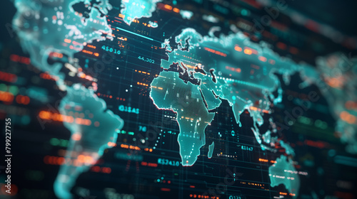 Closeup on a high tech digital ledger displaying real time global transaction data symbolizing the impact of blockchain on international trade