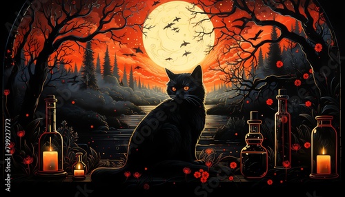 A digital painting of a black cat sitting on a table in a dark forest