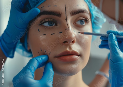 Doctor making marks on client's face before filler injections in aesthetics medical clinic 