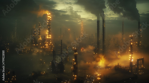 Towering Fossil Fuel Refineries Shrouded in Hazy  Muted Chiaroscuro Lighting during Industrial Revolution Era