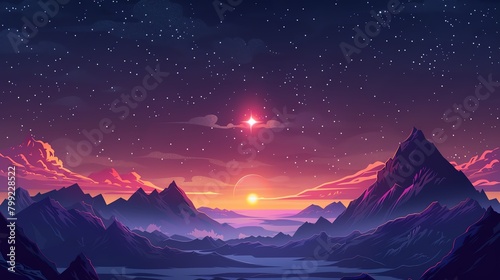 Generate a beautiful landscape image of a mountain range at sunset. The sky should be a deep purple with a bright shining star and the mountains should be dark purple. © Holly Design