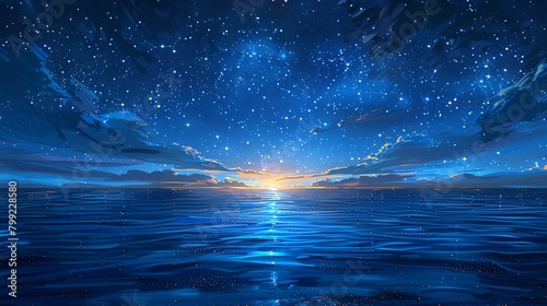 The tranquil expanse of the ocean stretches beneath a resplendent night sky, where countless stars shimmer and dance, casting a mesmerizing reflection upon the gentle waves photo