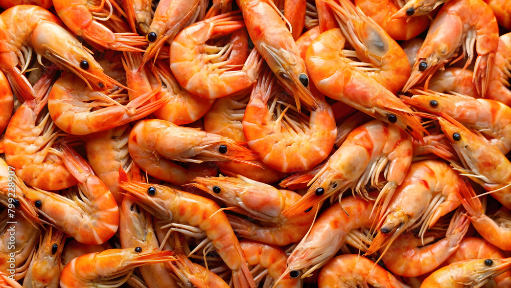 Shrimp background with closeup of group of fresh tasty crustacean gourmet seafood