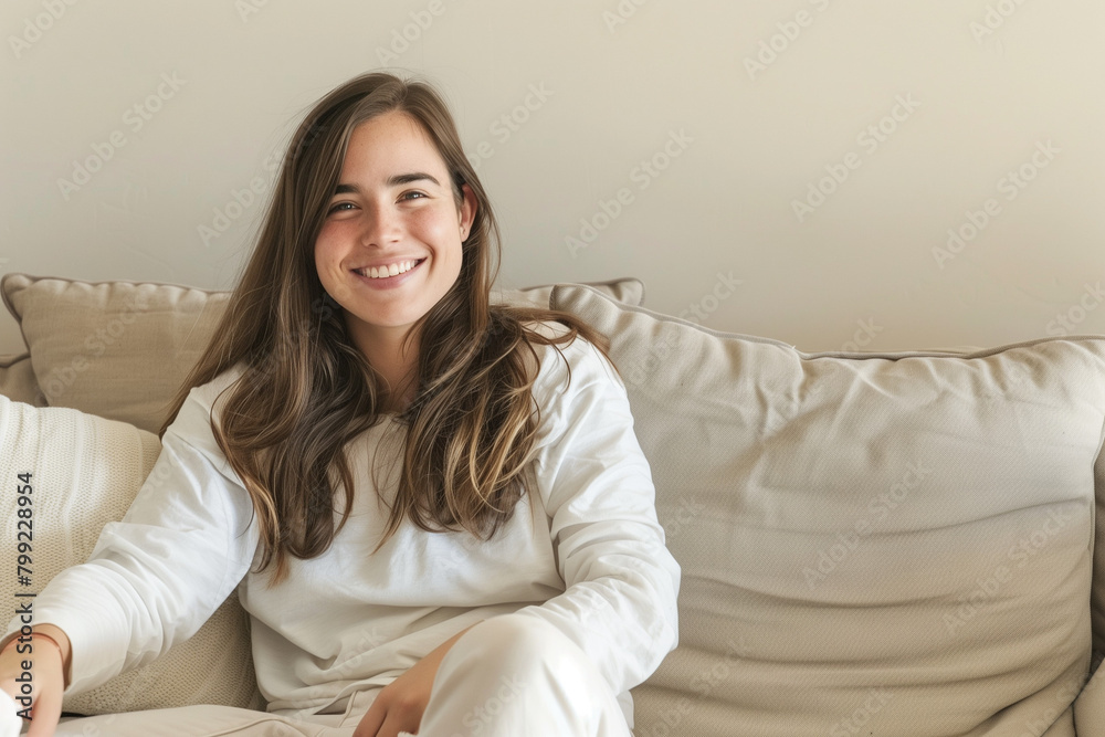 Brünette Frau auf einer Couch, lächelnd. Brünette Frau auf einer Couch, lächelnd.