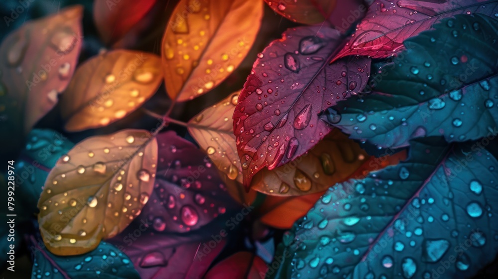 A colorful leaf with water droplets on it. The colors are vibrant and the droplets are small
