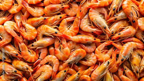 Shrimp background with closeup of group of fresh tasty crustacean gourmet seafood
