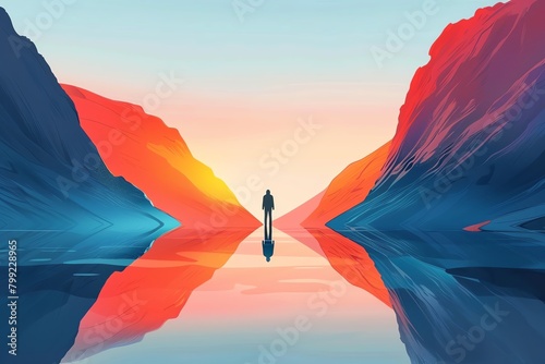 A lonely figure stands between two towering mountains, their reflection stretching out into the still water below photo