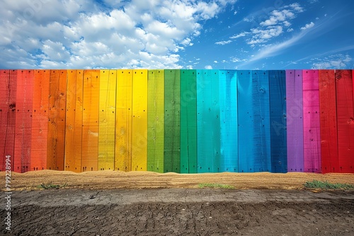 A rainbow of colors painted on a wooden fence.