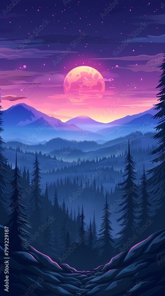 Create a digital painting of a vibrant moonlit forest landscape