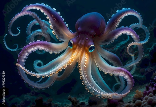 Large octopus with blue and orange markings, swimming in the ocean with a unique appearance, surrounded by a dark blue background, Generative AI.