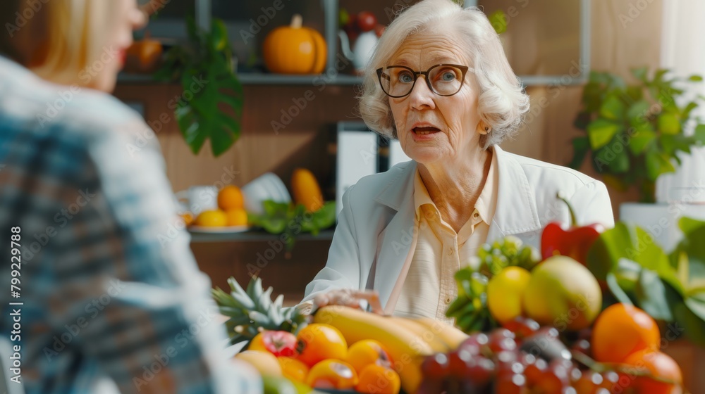 Elderly Woman Conversing in Kitchen