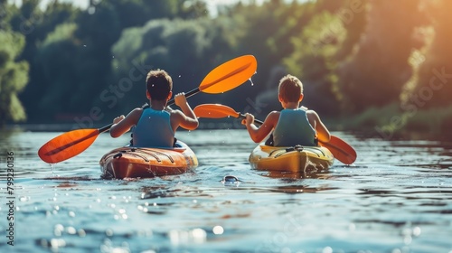 Two boys kayaking on the river. Active happy friends, teenage schoolboys, having fun together enjoying adventurous experience with kayak on a sunny day during summer vacation photo