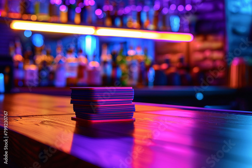 Stack of coasters on the bar counter under neon lighting. © Sajida