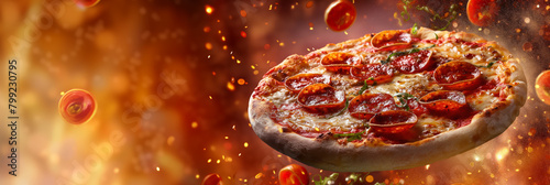 A mouth-watering pepperoni pizza just out of the oven with sunset hues, emphasizing the deliciousness and warmth of the dish