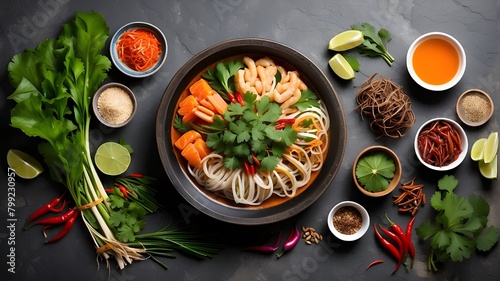 Asian cuisine background, top view, with different ingredients on a rustic stone background. Thai or Vietnamese food photo