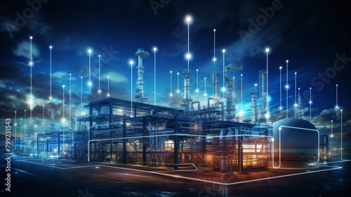 Modern factory, communication network. Telecommunication. IoT, Internet of Things, ICT, Information communication Technology,. Smart factory. Digital transformation, cloud connecting, generate by AI © pinkrabbit