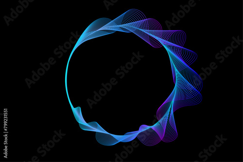 Abstract round frame with wavy blue purple lines. Flowing smoky gradient circle shape isolated on black background. 