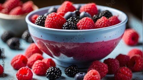 A close-up of a mouthwatering bowl of fresh, sweet, ripe, organic red raspberries with blue liquid milk in the center of the table, accompanied by other berries of various varieties sitting on the tab