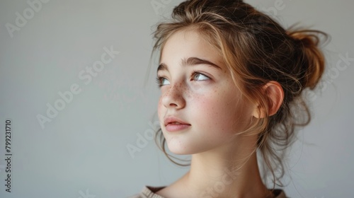 portrait of a beautiful young caucasian white American model teen girl looking forward. child ad with copy space, children, beauty, pretty