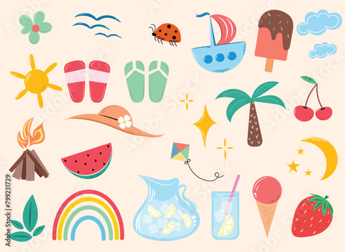 Set of summer elements. Summertime vector set.