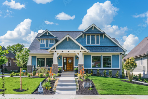 The front view of a newly constructed cottage craftsman style house in sky blue, featuring a triple pitched roof, a welcoming sidewalk, detailed landscaping, and enhanced curb appeal,  photo