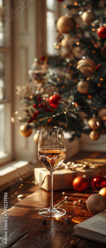 Coffee table with a glass of wine and a book against the background of a blurry Christmas tree with a pile of wrapped gifts and a fireplace with a kindled fire in the living room on a sunny day. 