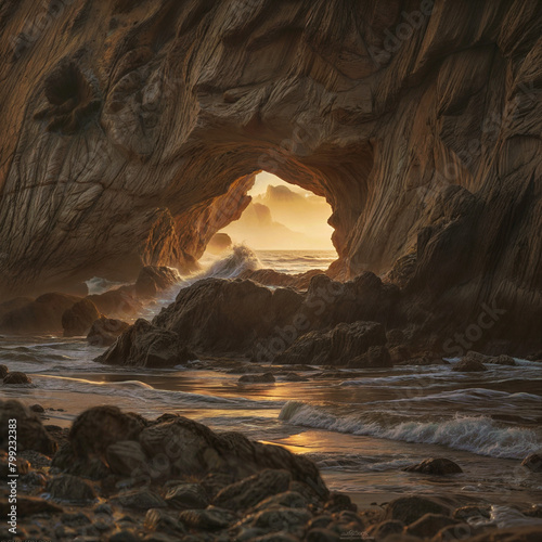 
Rocky coastal landscape with a hole in the rocks at sunset. generative ai