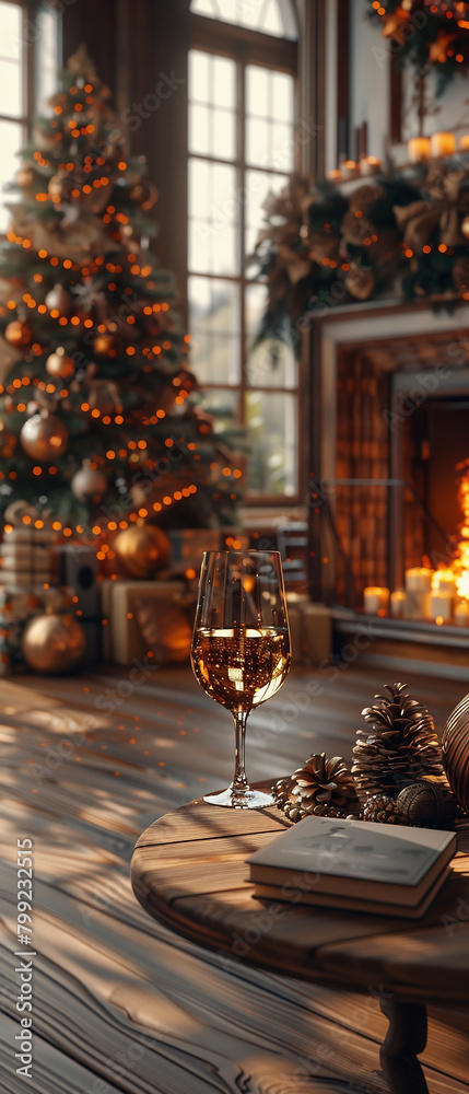 Coffee table with a glass of wine and a book against the background of a blurry Christmas tree with a pile of wrapped gifts and a fireplace with a kindled fire in the living room on a sunny day. 