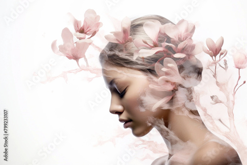 double exposure portrait of a woman with magnolia flowers on a white background. 