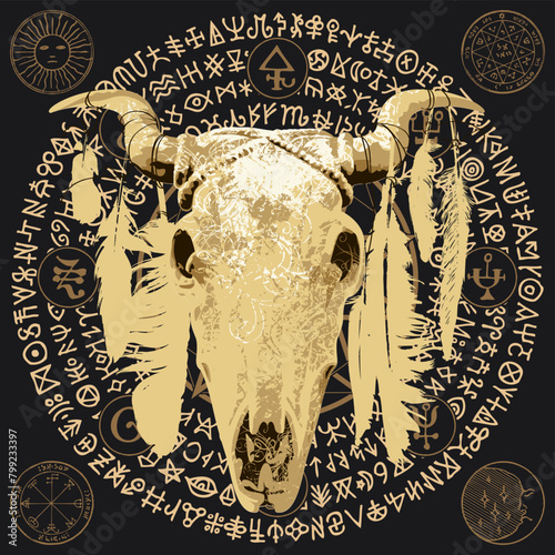 Vector illustration with a horned cow or bull skull with bird feathers, pentagram, occult and witchcraft signs. The symbol of Satanism Baphomet and magic runes written in a circle
