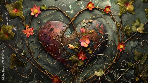 Entwined Heart with Vines and Flowers Generative AI