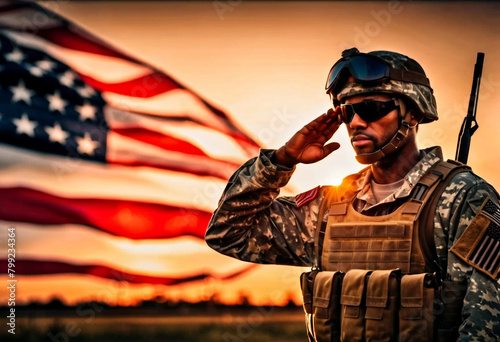 USA army soldier saluting on a background of sunset or sunrise and USA flag. Greeting card for Veterans Day, Memorial Day, Independence Day.