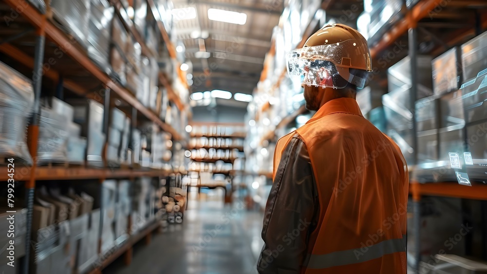 Augmented reality tech used in warehouse management for efficient supply chain logistics. Concept Augmented Reality, Warehouse Management, Supply Chain Logistics, Efficient Operations