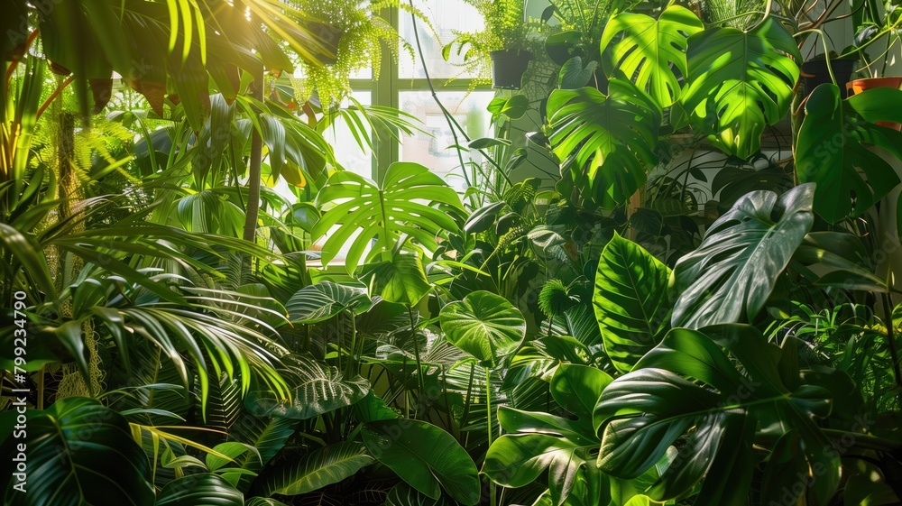 Lush indoor garden with tropical plants. Lush indoor garden with tropical plants.